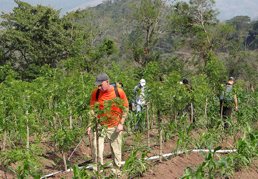 Keith Kemper, partner at ELM, tries his hand at organic fertilizing, one of many sustainable farming methods practiced at Agroaldea San José.